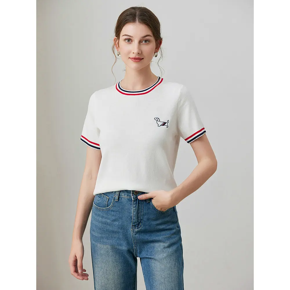 Summer new ice silk short-sleeved tops embroidered women's T-shirts
