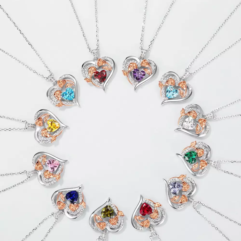 S925 silver heart colorful treasure rose birthstone necklace