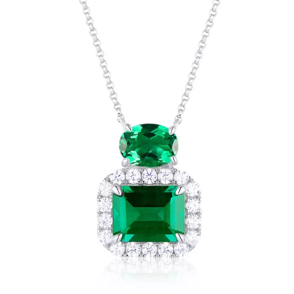 S925 Sterling Silver Cultured Emerald Pendant Colorful Treasure Necklace