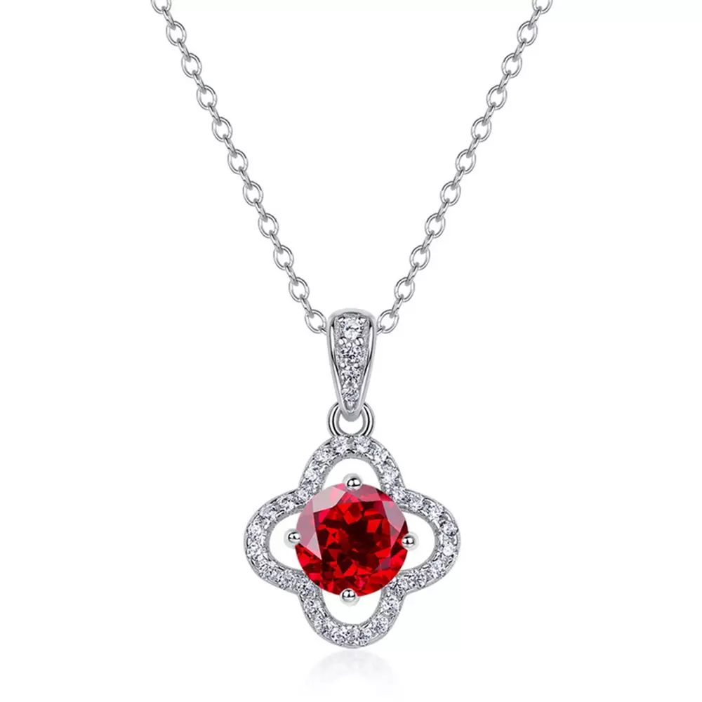 S925 sterling silver with colorful gemstone cultivated ruby four-leaf clover necklace