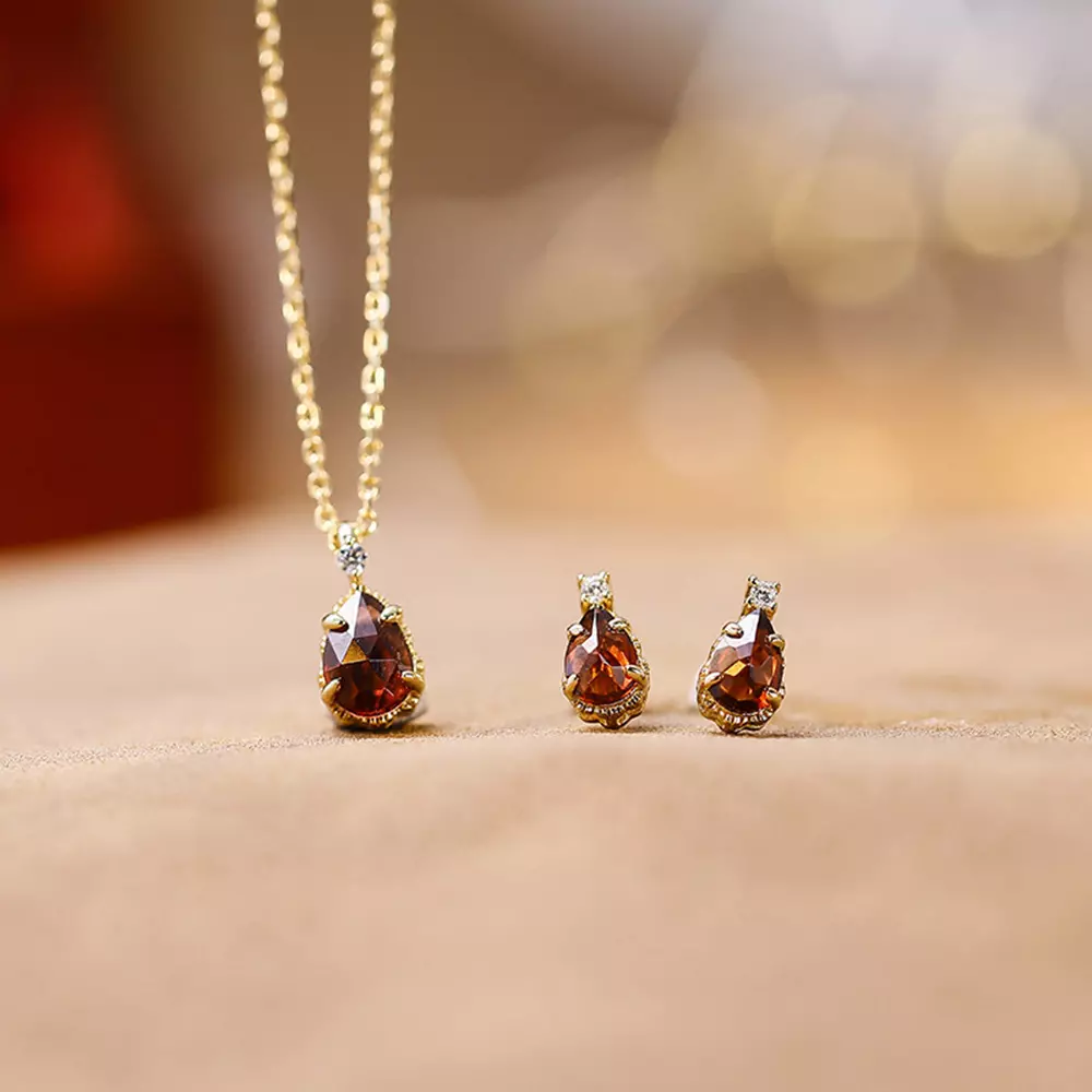 S925 Sterling Silver Garnet Necklace and Earrings Set Girls Gift