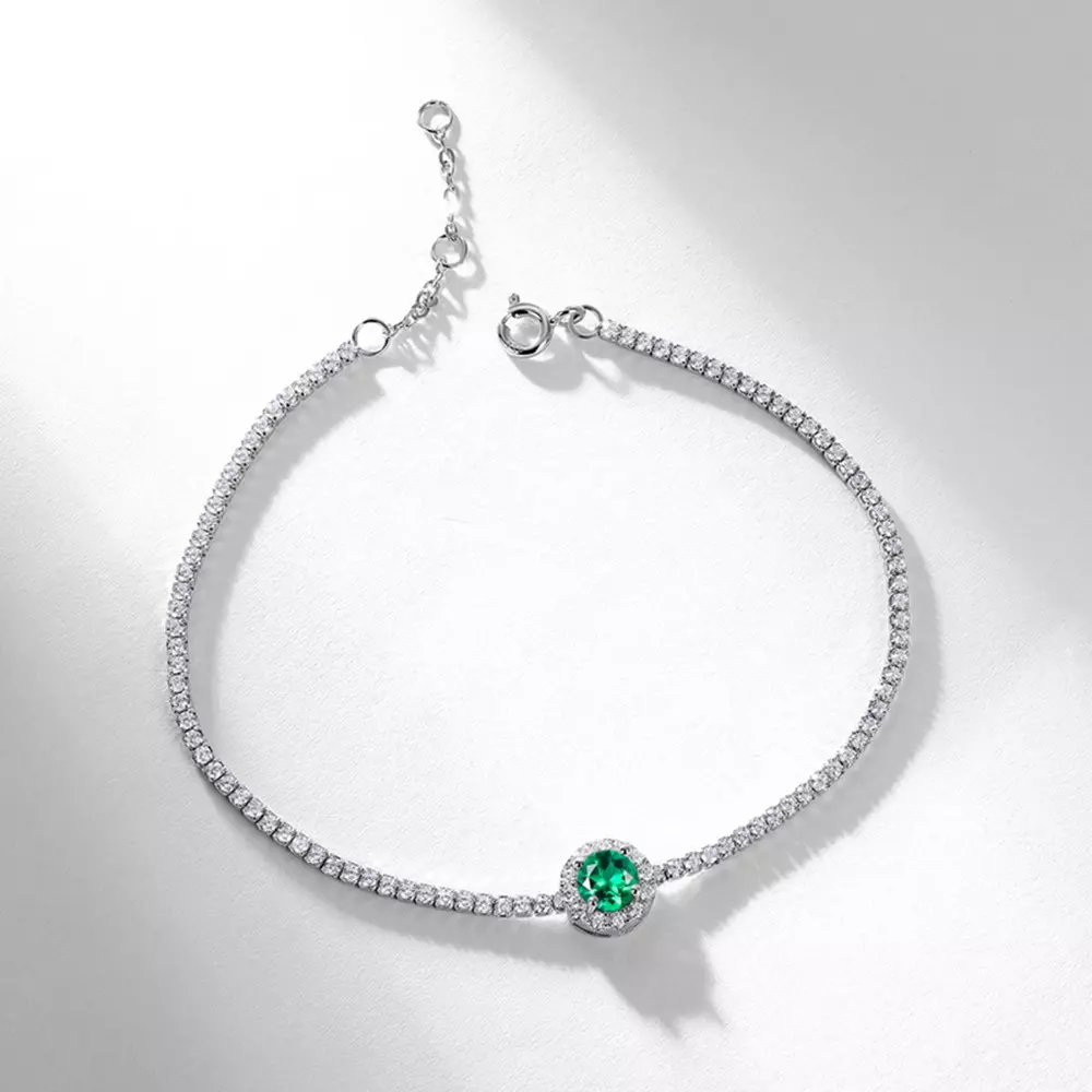 Cultured Fancy Color Emerald Full Diamond Box Bracelet in 925 Silver