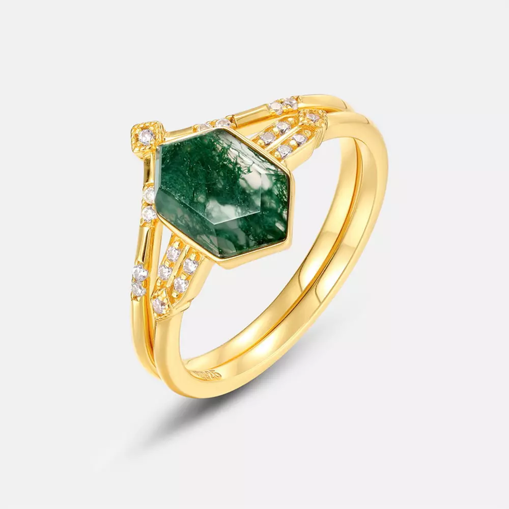 S925 silver and gold plated with green moss stone natural aqua agate ring