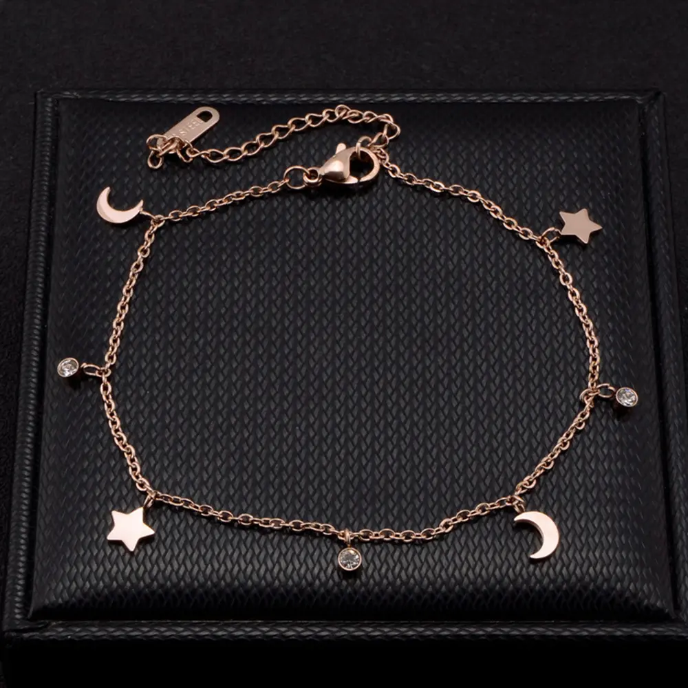 Rose Gold Star and Moon Women's Titanium Anklet with Diamonds