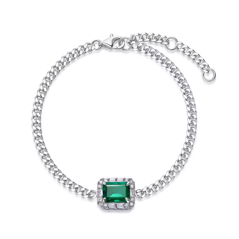 S925 Sterling Silver with Cultured Gemstone Cultured Emerald Bracelet