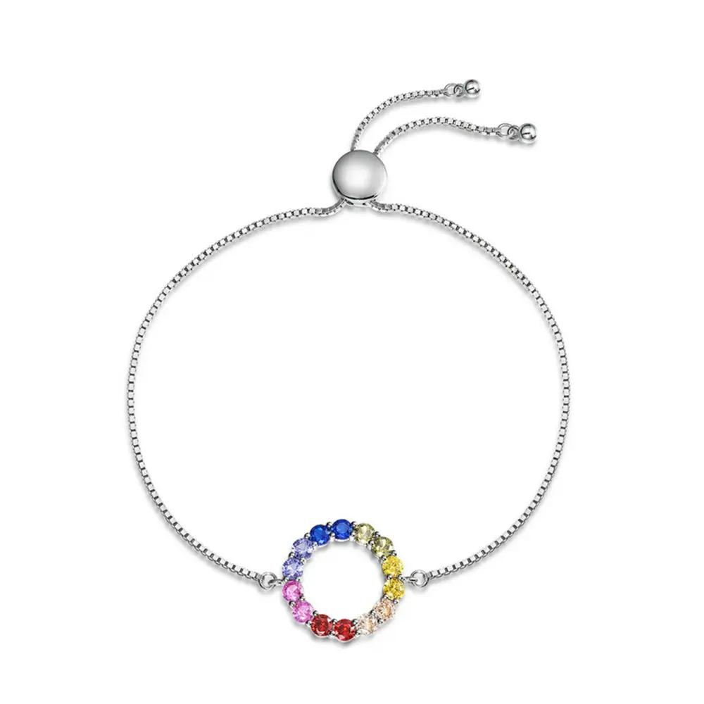 S925 Silver Rainbow Circle Colorful Zirconia Adjustable Bracelet