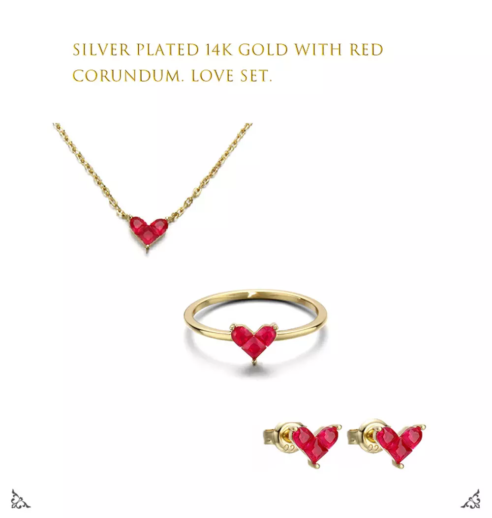 Red corundum S925 silver gold plated small red heart necklace earrings ring set