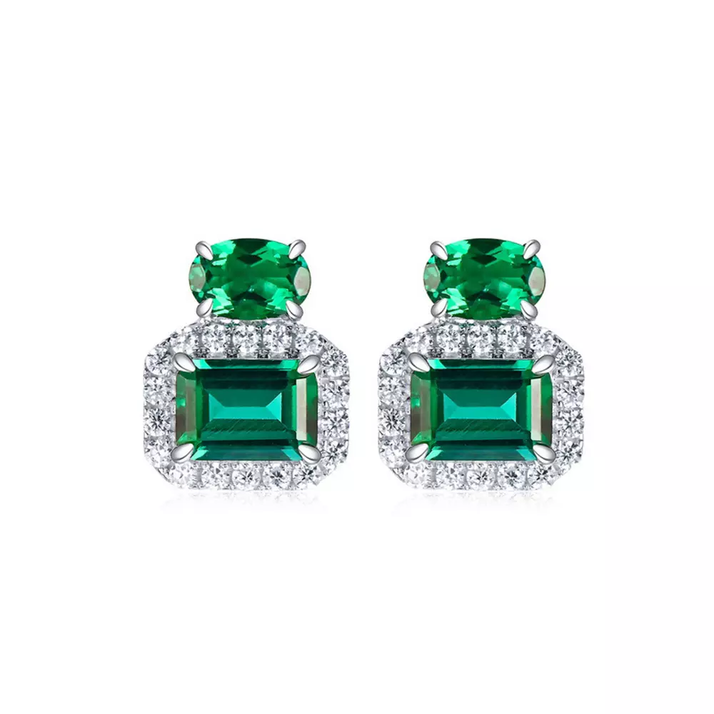 Cultured Emerald Stud Earrings in S925 Silver with Gemstones