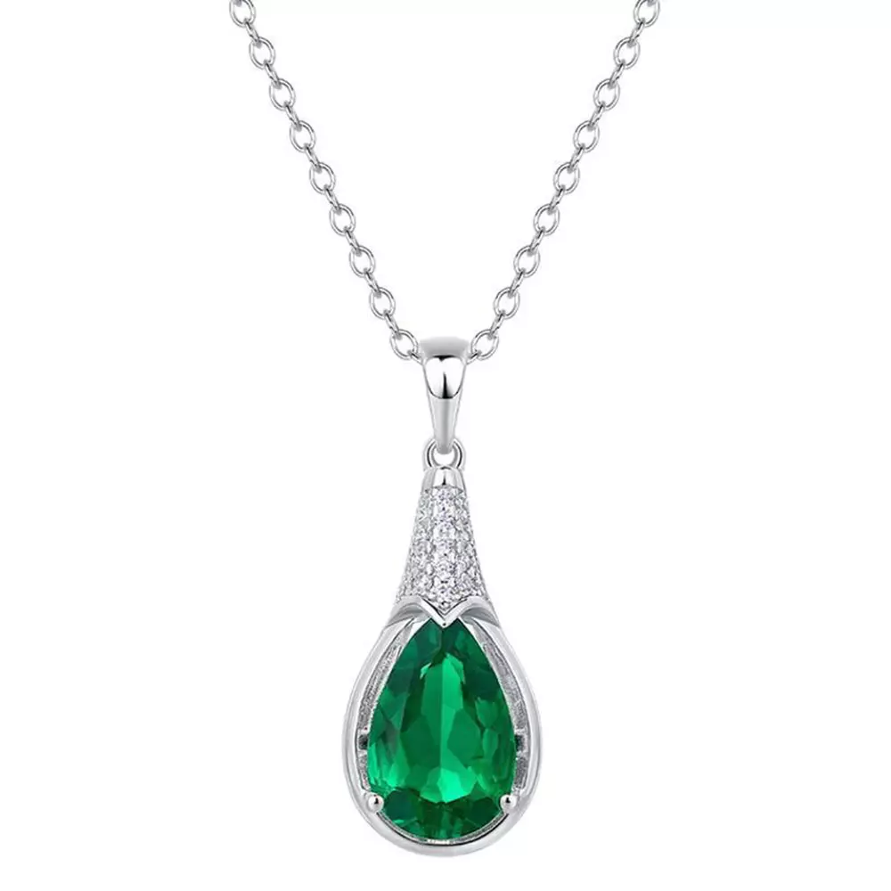 Necklace in S925 Silver with Pendant Teardrop Cultured Emerald