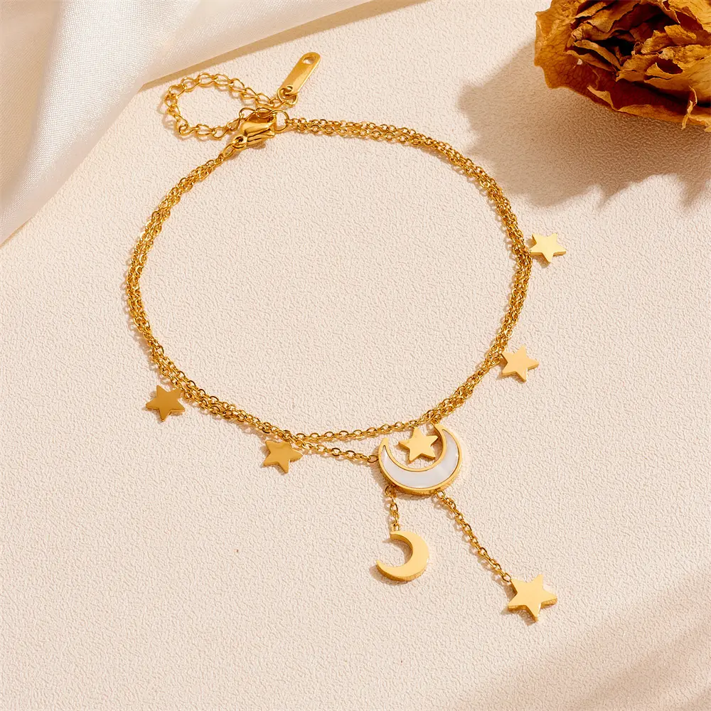 Titanium Steel 18K Gold Tassel Anklet with Peach Heart, Star & Moon Tassel