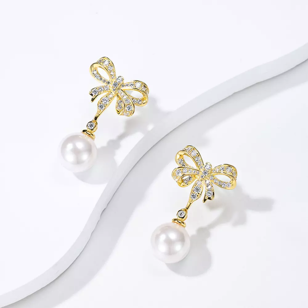 S925 silver niche design senior sense of personality bow pearl earrings earrings earrings ear jewelry jewelry