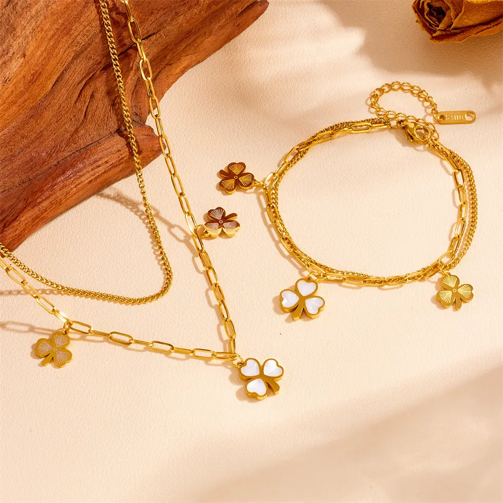 Fashion Titanium Steel Non Fading Clover Necklace Bracelet Anklet Set