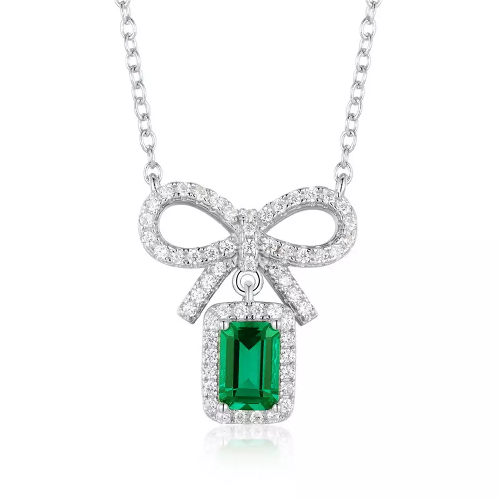 S925 Sterling Silver with Cultured Emerald Bow Pendant Necklace