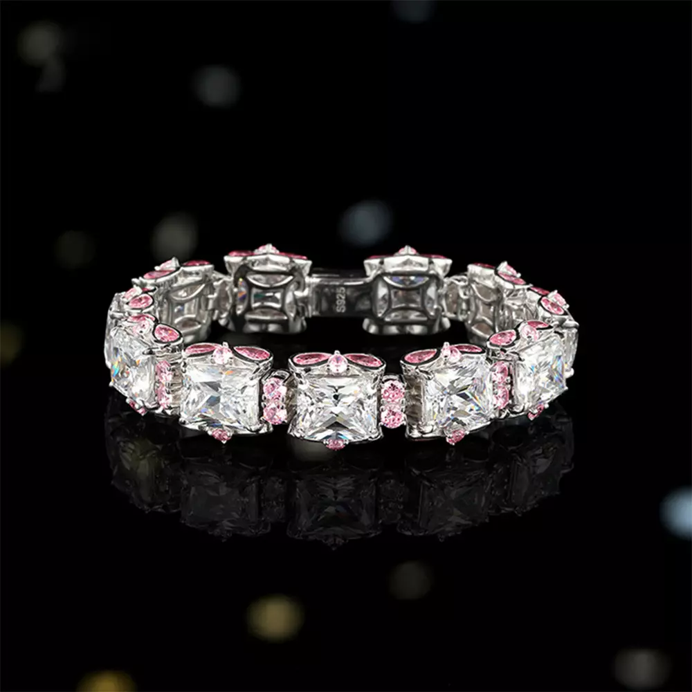 S925 Sterling Silver Ice Candy Cherry Blossom Pink Full Diamonds Bracelet