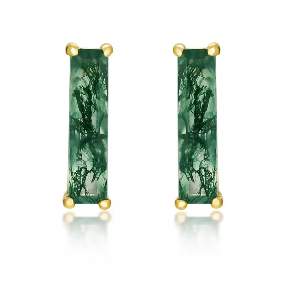 S295 Long Natural Watercress Agate Stone Stud Earrings in Sterling Silver