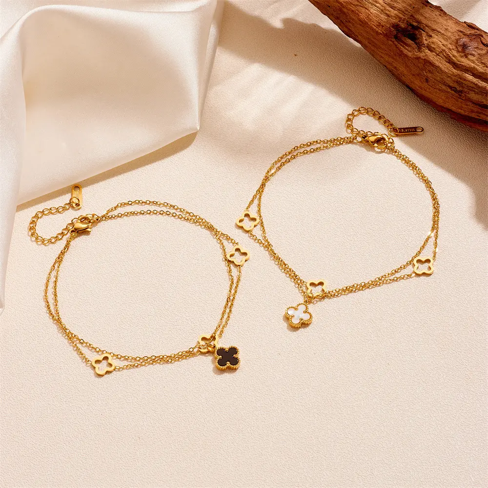 Stainless Steel Four Leaf Clover Hollow Out Pendant Women's Anklet