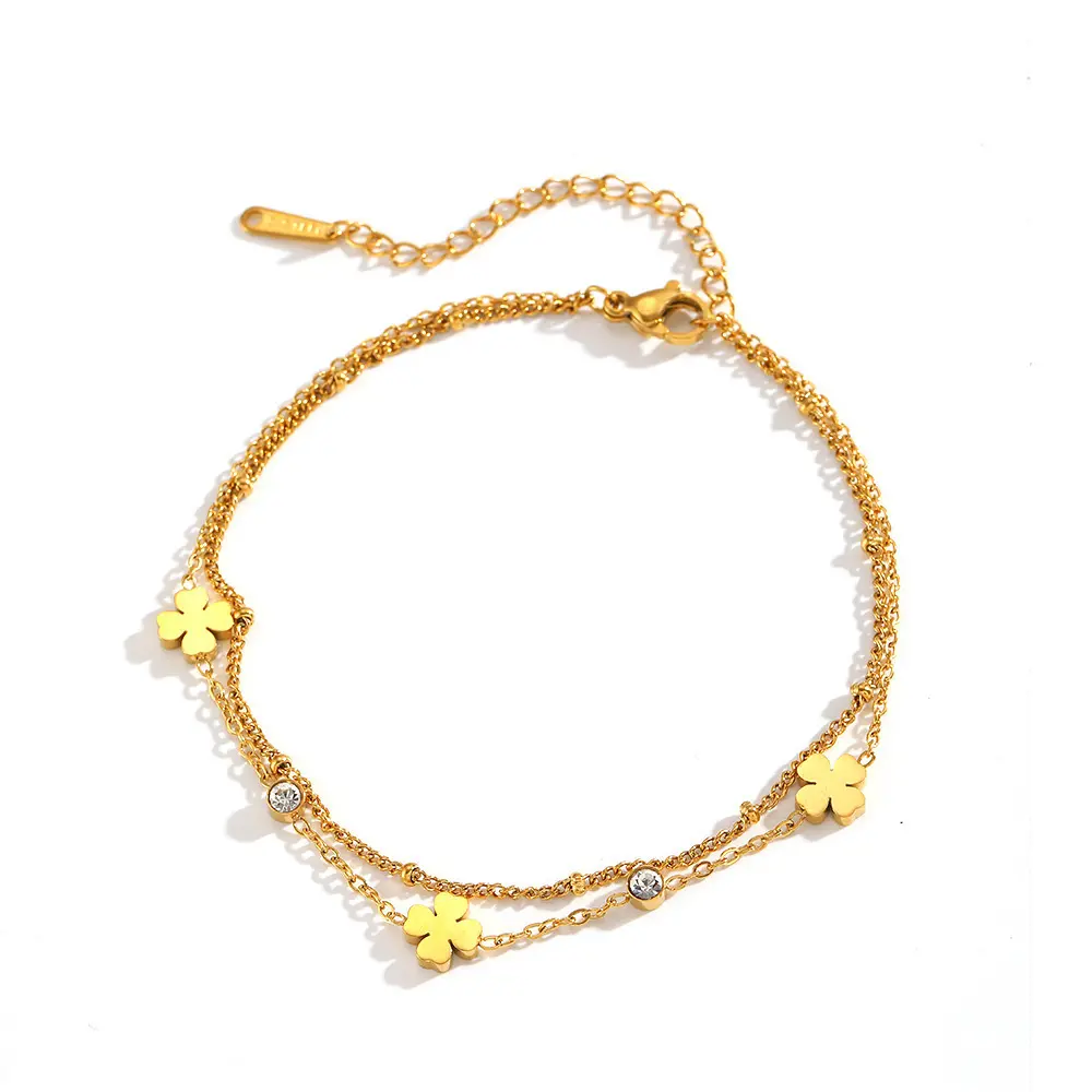 Four-leaf flower clip bead chain double anklets
