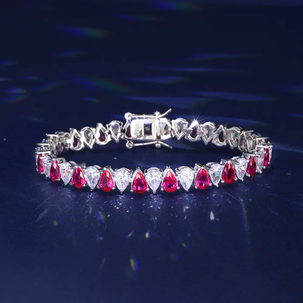 S925 Sterling Silver Teardrop Cultured Ruby Full Diamonds Women's Bracelet