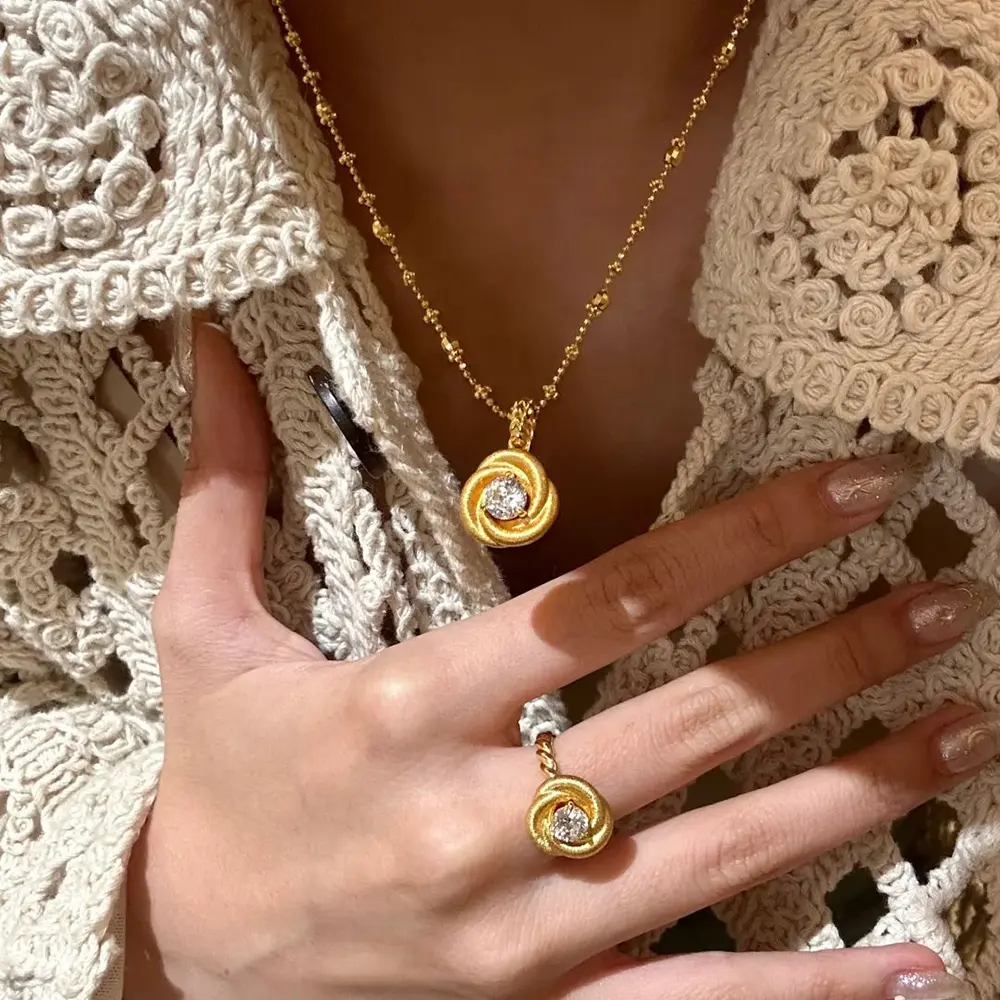 Brushed Rose Pendant Gold Plated and Diamond Ring Set