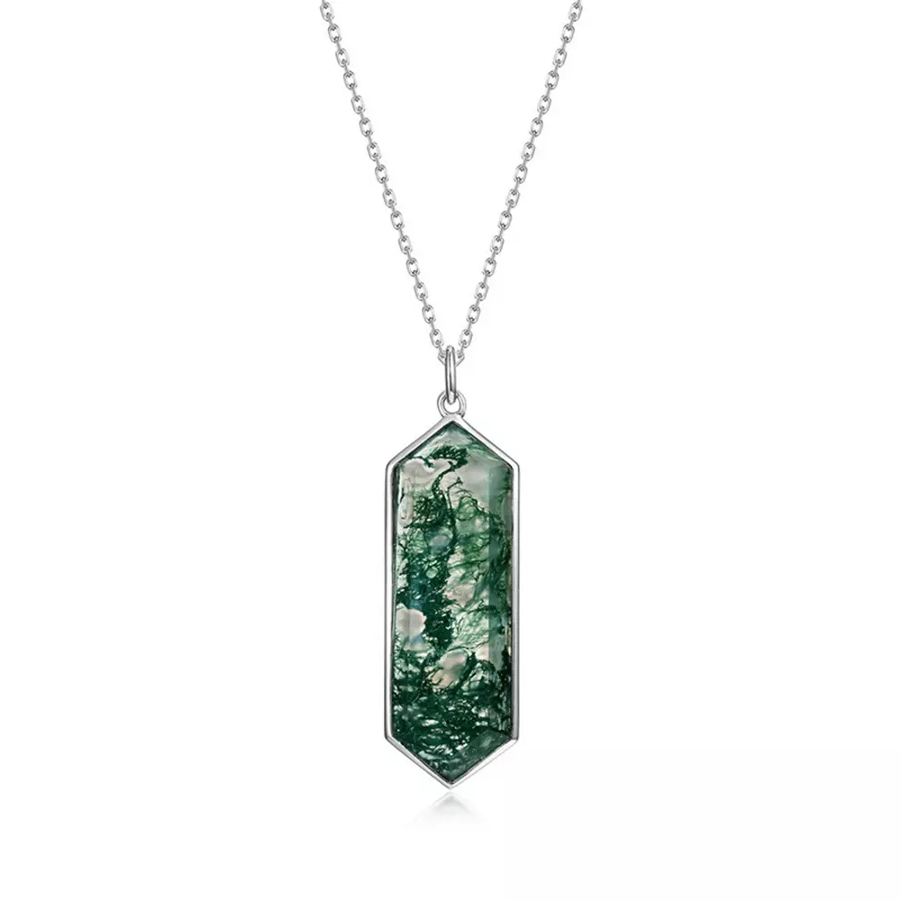 Natural Green Moss Necklace in S925 Sterling Silver with Watercress Agate