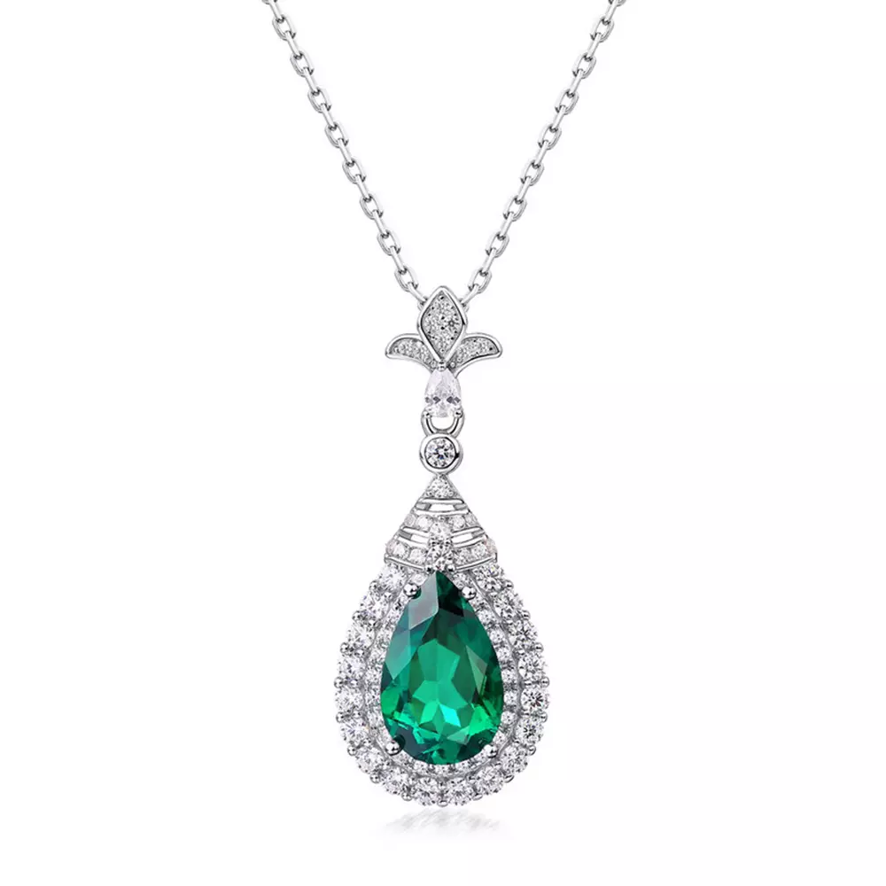 Cultured Emerald Drops Pendant Necklace in S925 Silver with Colored Jewels