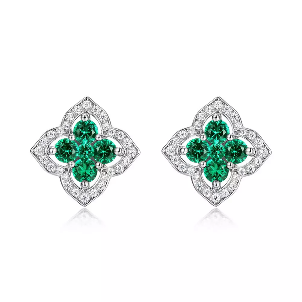 S925 Silver Cultured Colored Clover Cultured Emerald Stud Earrings Earrings