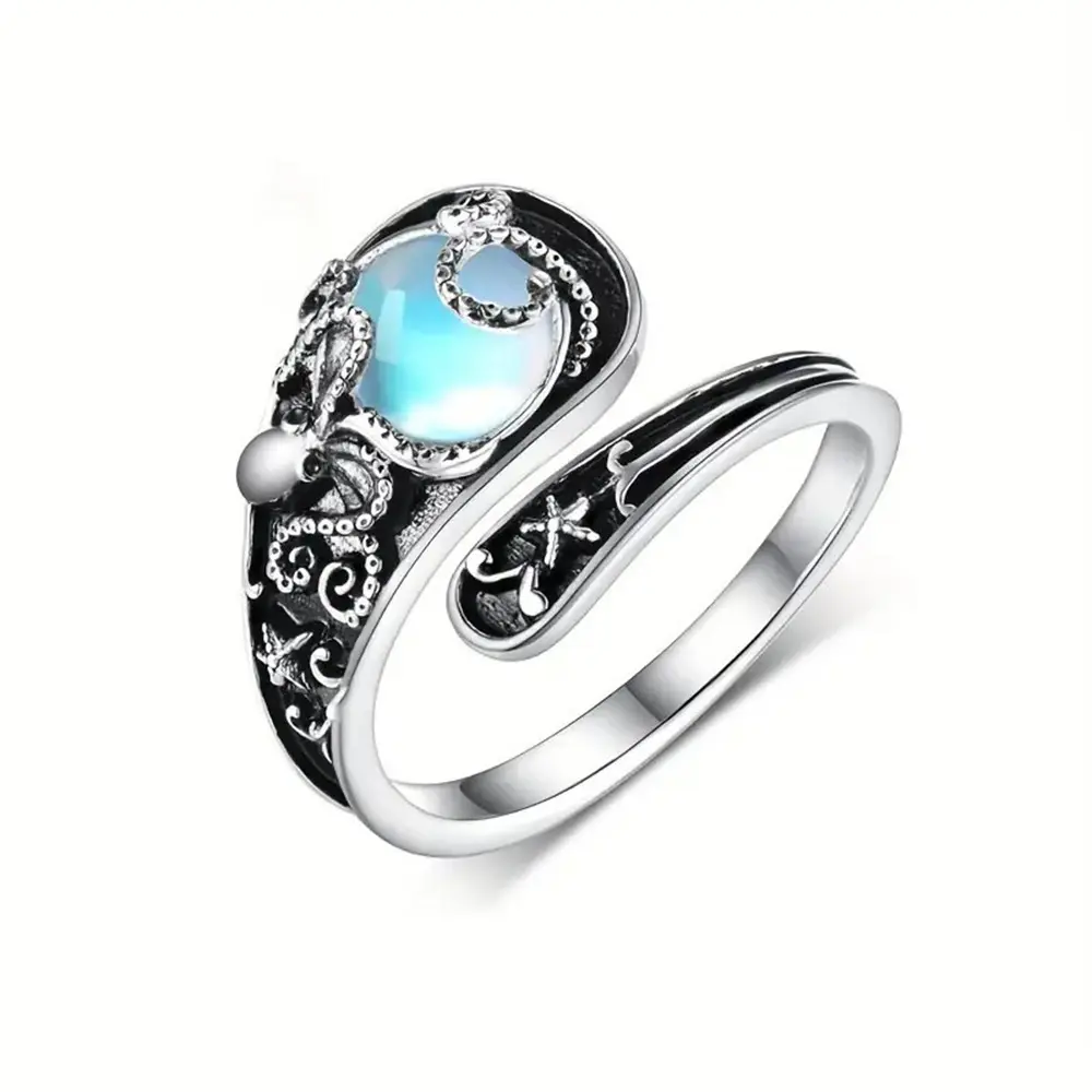 Hawaiian Octopus Thai Silver Stamped Open Moonstone Ring