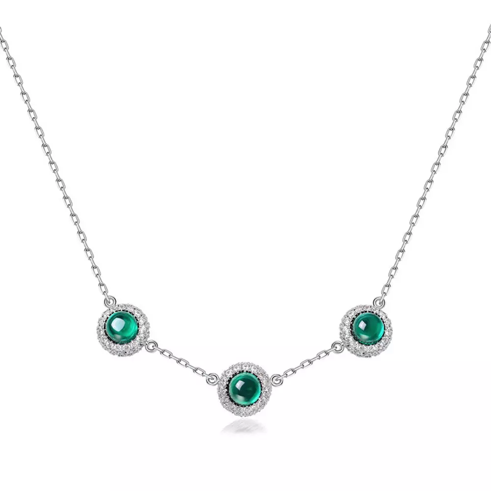 S925 silver full color gemstone egg face cultivated emerald necklace
