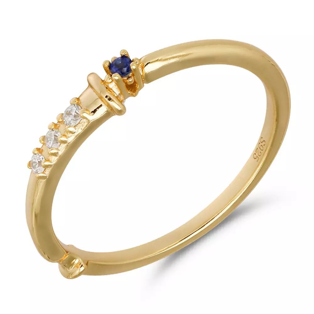 S925 Sterling Silver Plated 14K Gold Wand Blue Corundum Ring
