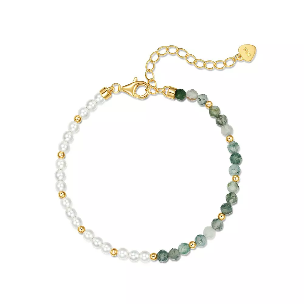 S925 Silver Bracelet Green Moss Stone Natural Aqua Agate Pearl Bracelet