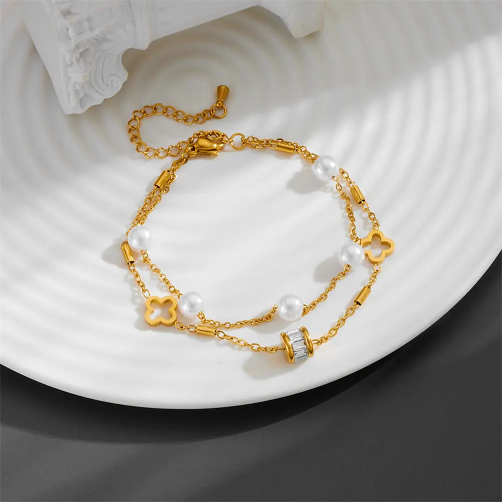 Double Layers Titanium Steel Pearl Hollowed Out Flower Zirconia Anklet