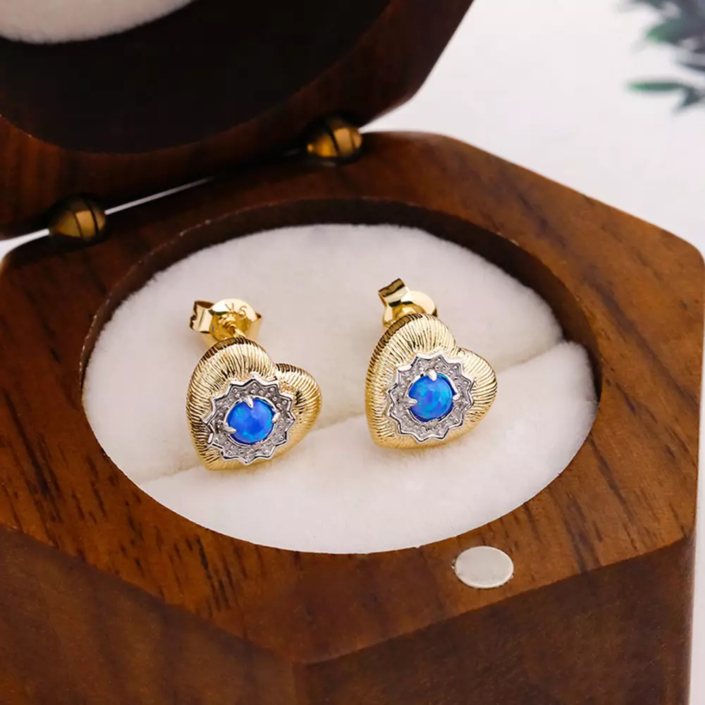 French Heart Blue Opal Pull Apart Colors s925 Silver Gold Plated Stud Earrings