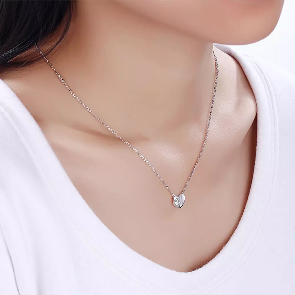 S925 Sterling Silver with Diamonds Heart Necklace