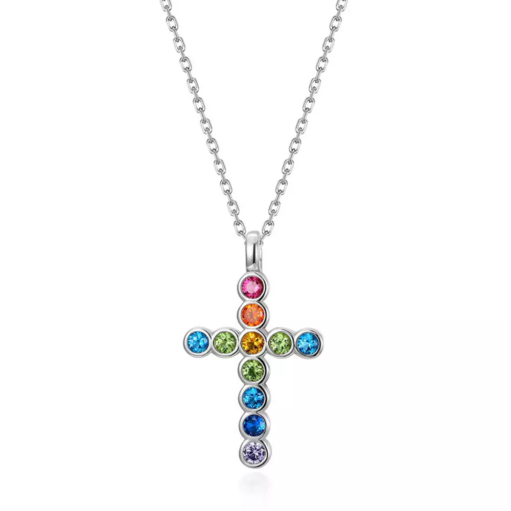Rainbow Cross Pendant Necklace in S925 Silver with Colorful Zirconia
