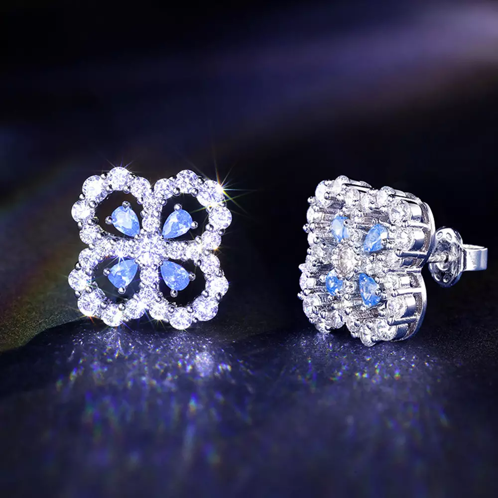 S925 Sterling Silver Lucky Clover Full Set Diamond Stud Earrings