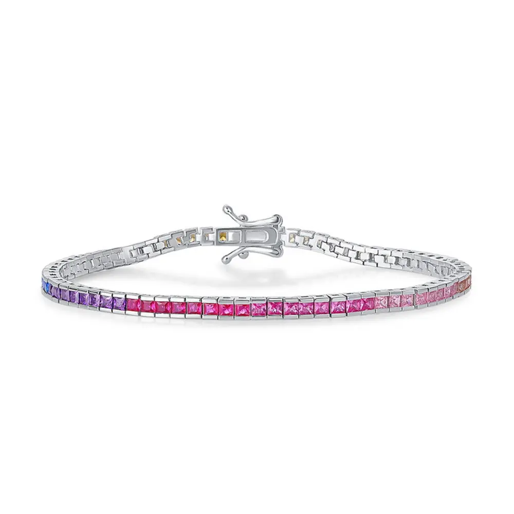 S925 silver with rainbow colored square zirconia bracelet