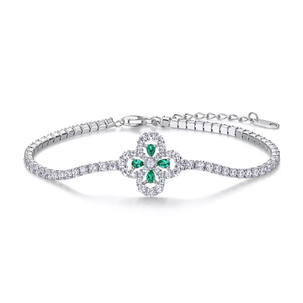 S925 Silver with Cultured Emerald Vintage Clover Petal Bracelet