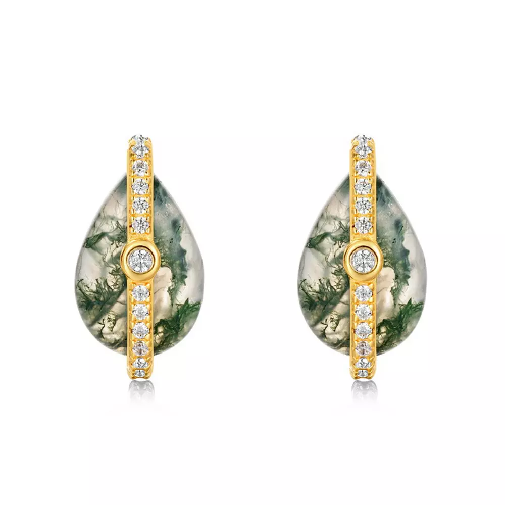 S925 Sterling Silver Gold Plated with Natural Green Moss Stone Drop Earrings