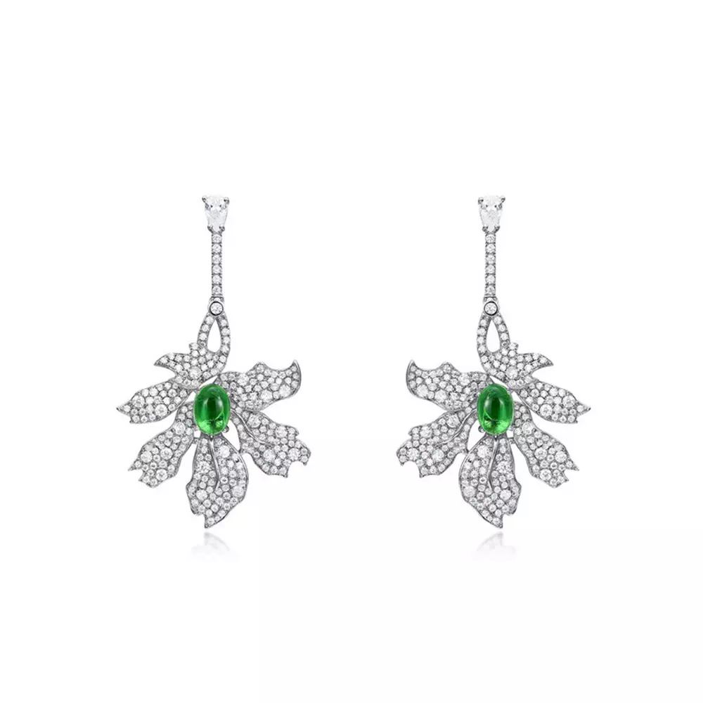 S925 Silver with White Zirconia Leaf-shaped Earrings Long Earrings