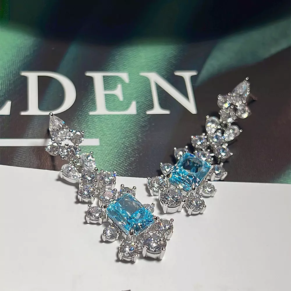 S925 sterling silver long square earrings female ice flower cut earrings