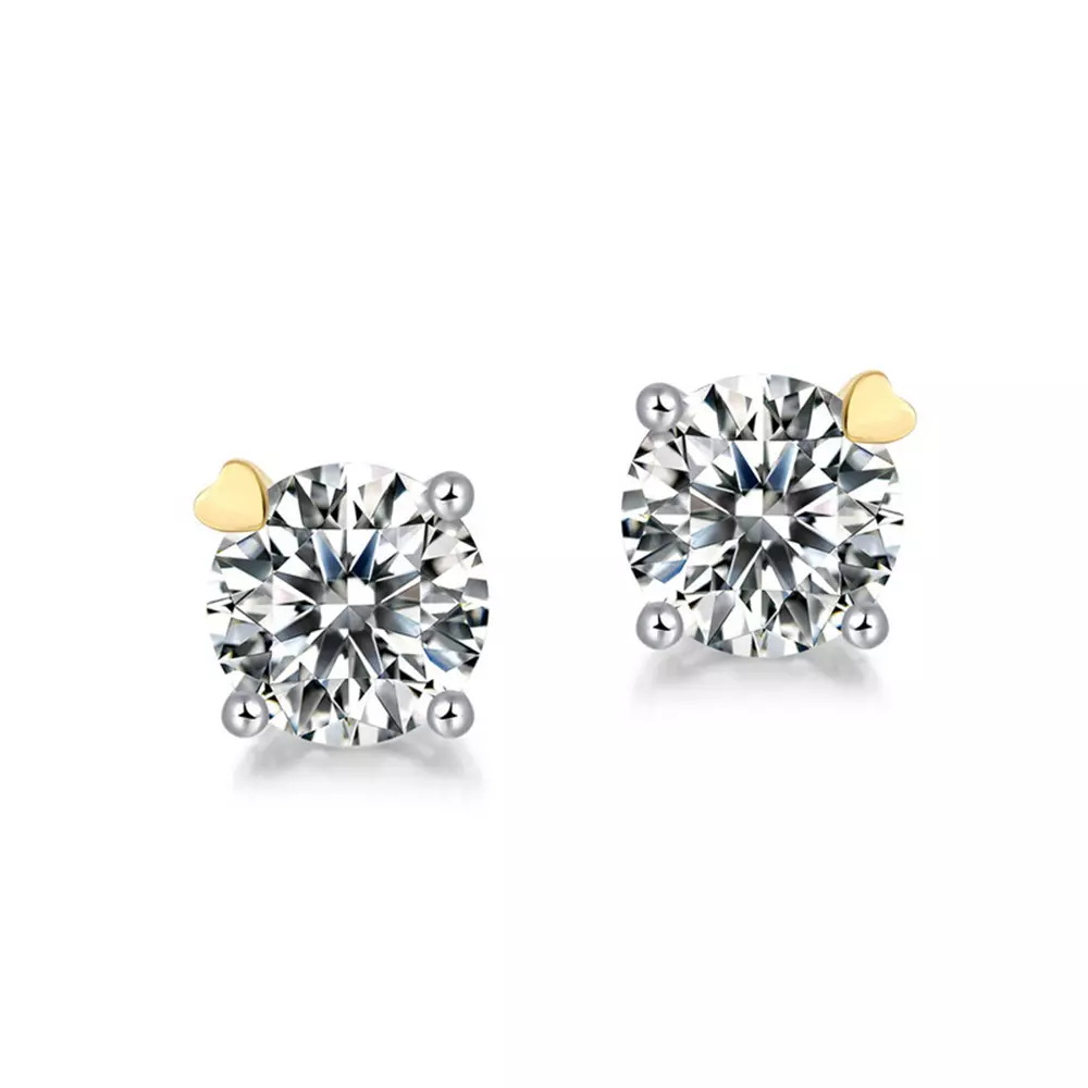 S925 Silver Gold-Plated Heart Claw Set Round Moissanite Stud Earrings