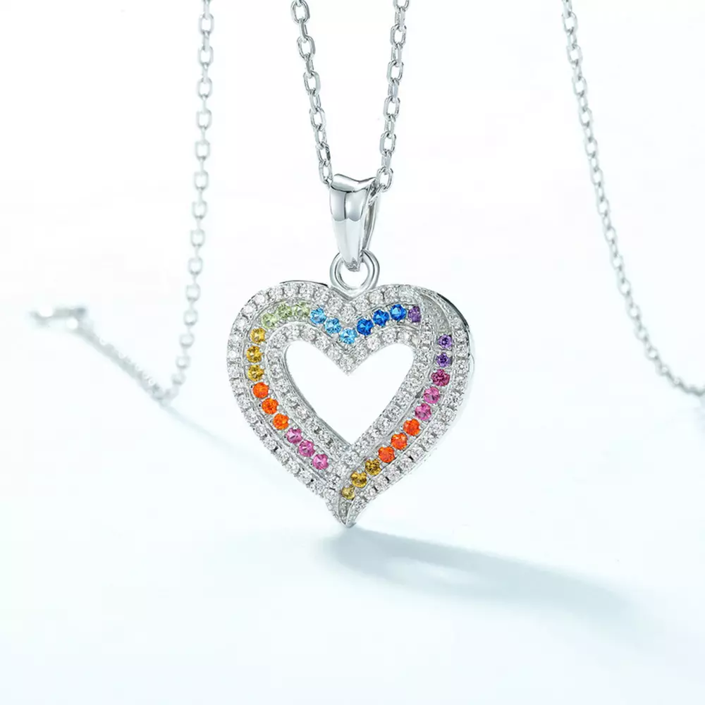 S925 silver full color gemstone heart rainbow zirconia pendant necklace