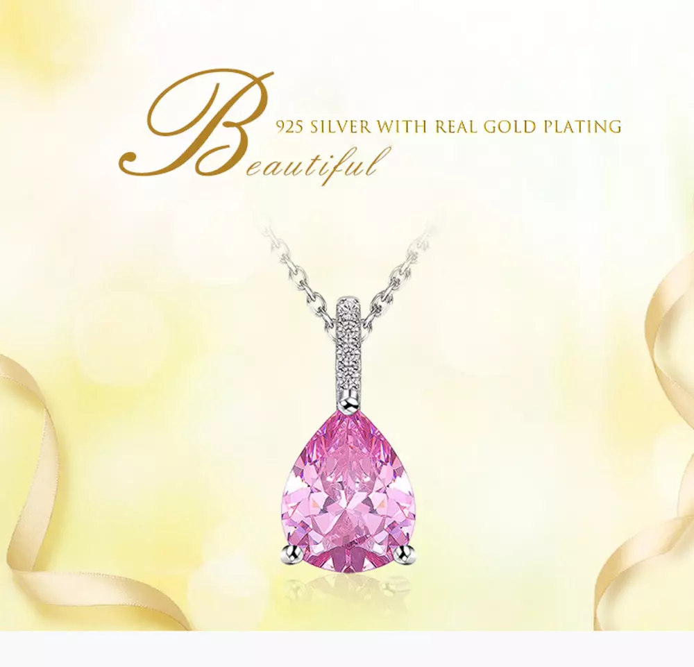 S925 Sterling Silver Pendant Pink Crystal Set Necklace