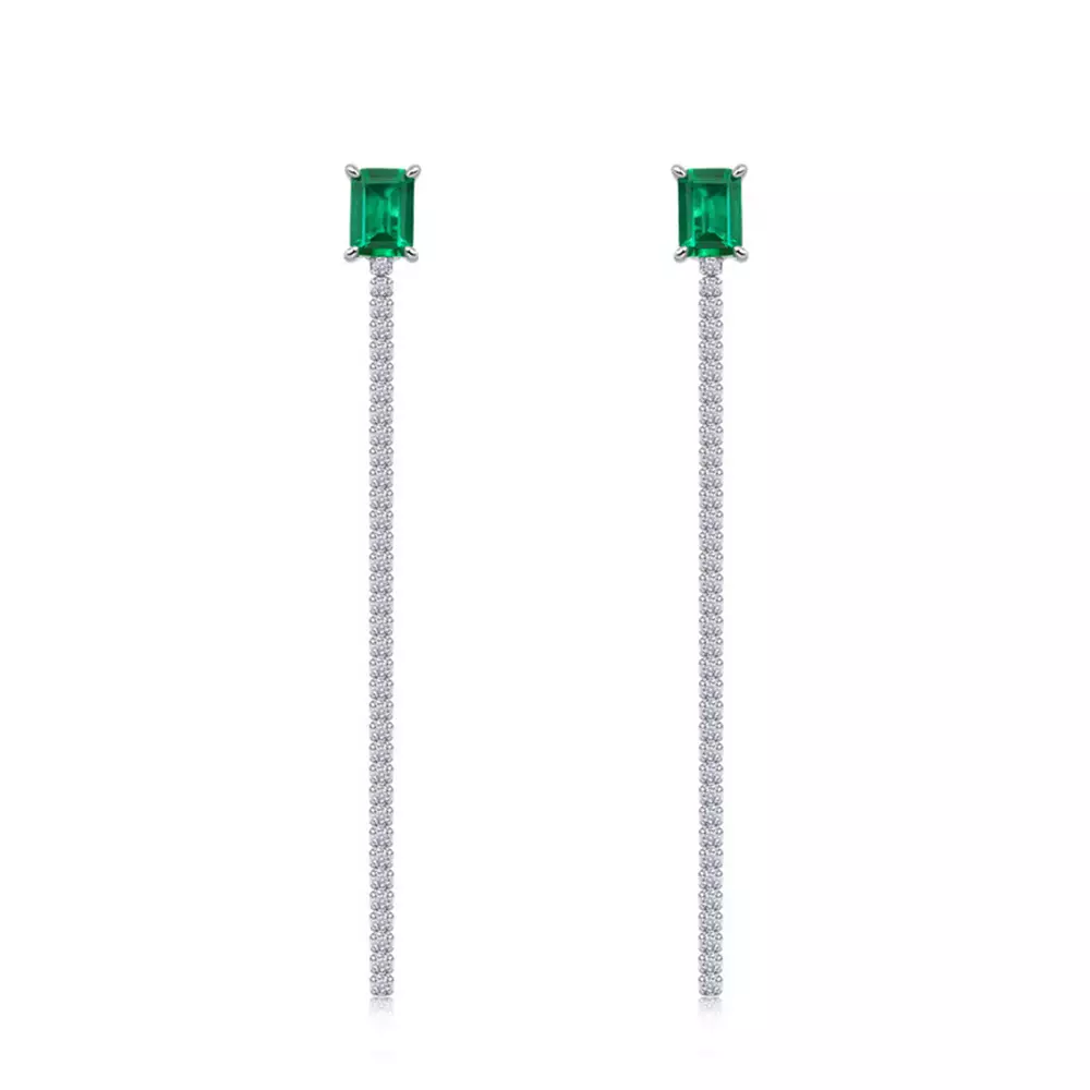 S925 Silver Full Diamond Tassel Square Cultured Emerald Long Stud Earrings