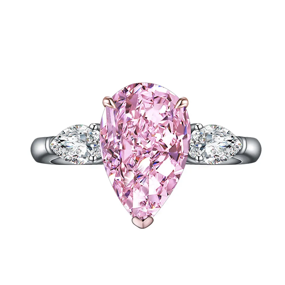 S925 Silver Gold-Plated Teardrop Pear Shape Pink Diamond Ring