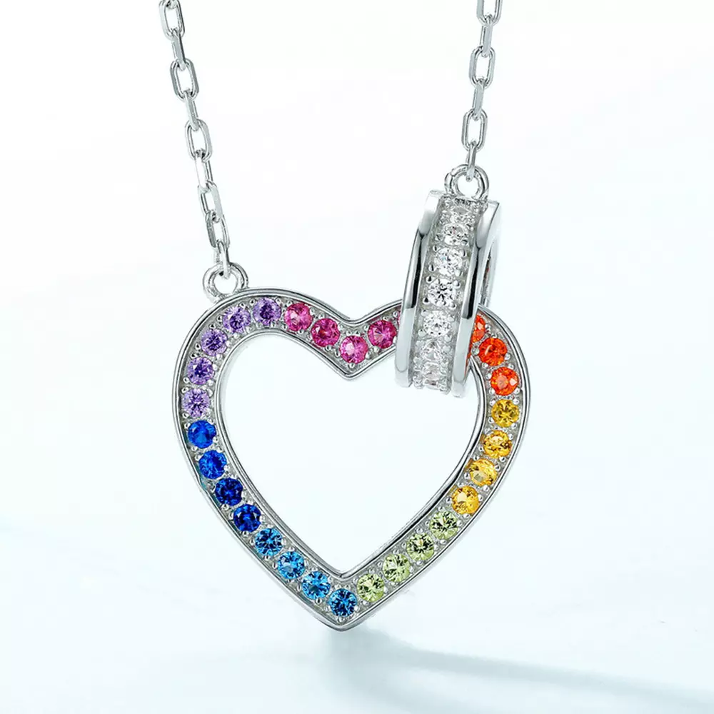 S925 Silver Rainbow Zirconia Full Diamond Colorful Treasure Heart Necklace