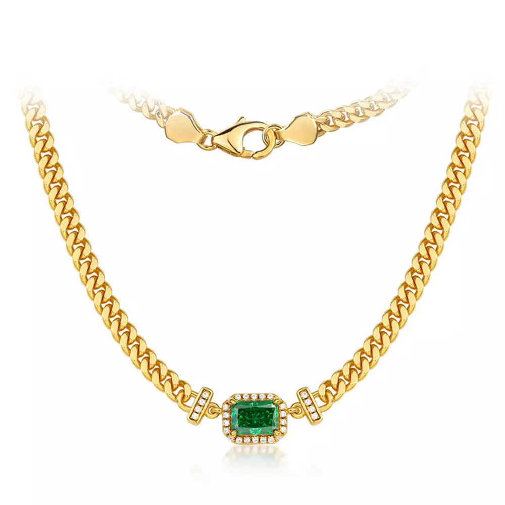 925 Silver Plated 10K Gold Ice Flower Cut High Carbon Diamond Emerald Necklace