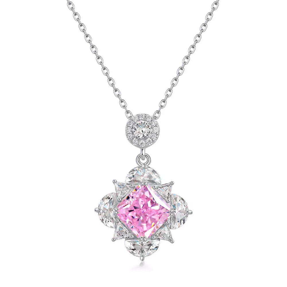 S925 Silver High Carbon Diamond Pendant Square Ice Cut Necklace