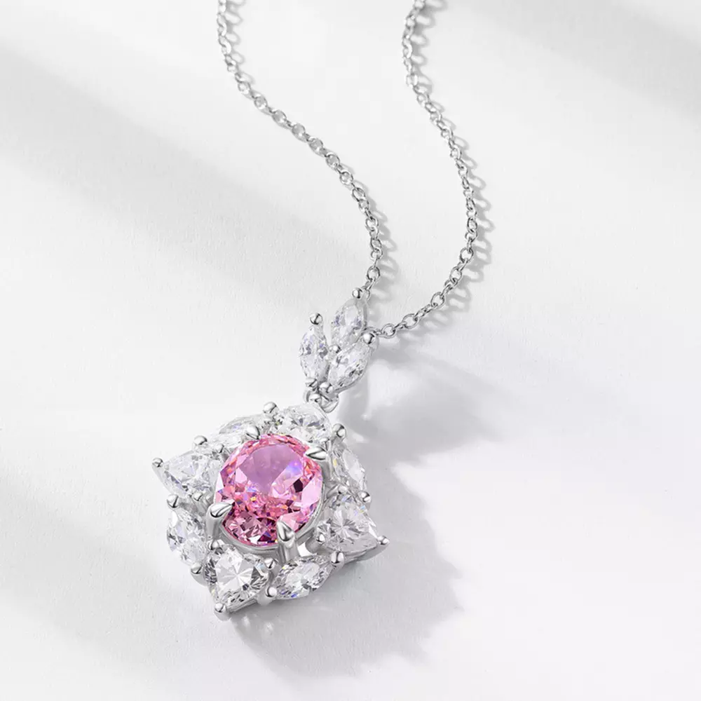 S925 sterling silver high carbon diamond pendant pink ice flower cut necklace