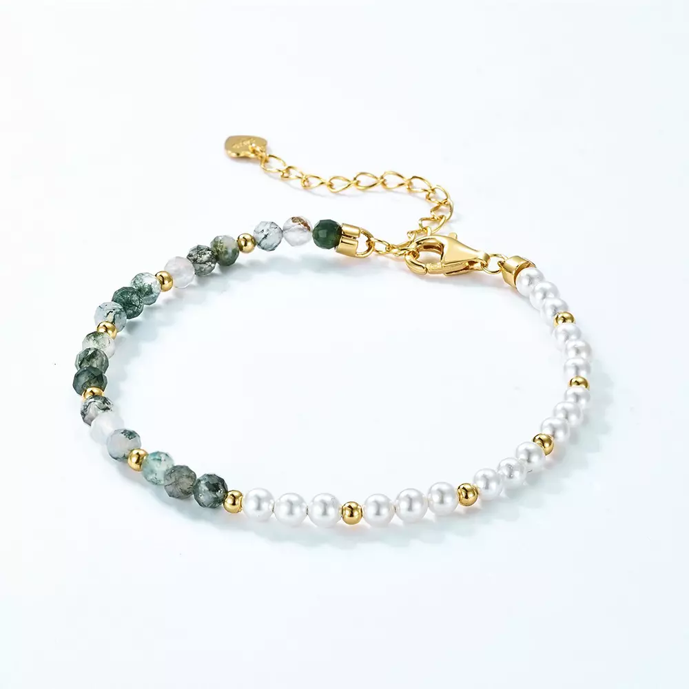 S925 Silver Bracelet Green Moss Stone Natural Aqua Agate Pearl Bracelet